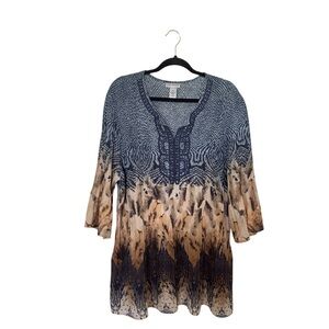 Catherines 2X Blue Beige Geometric Embroidered Glitter Artsy Fairy Tunic Top
